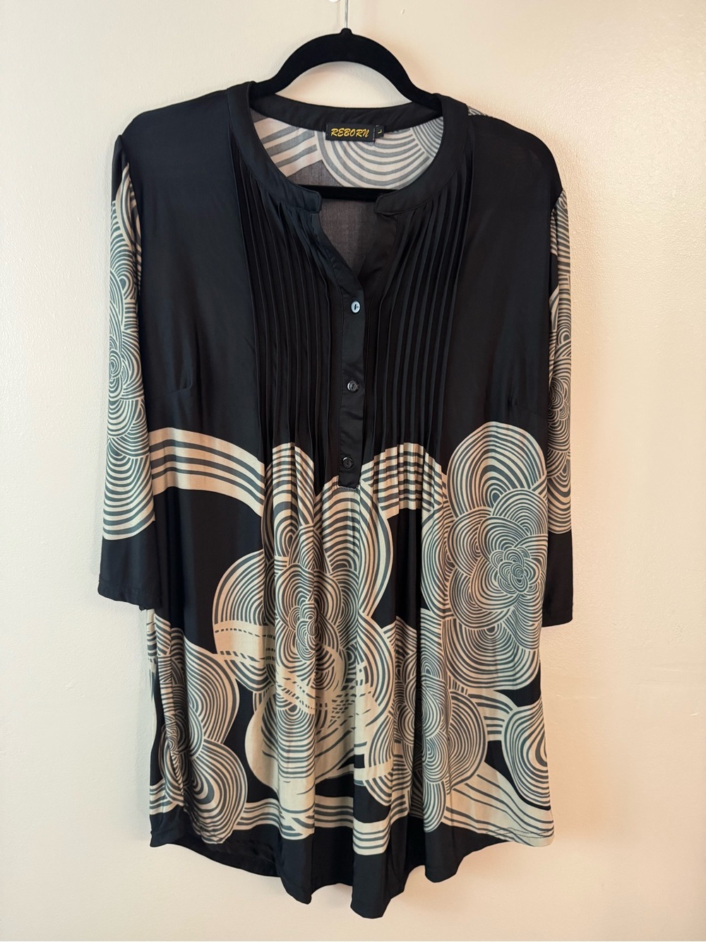 Reborn Black Tunic with Cream Swirl Floral Print Large